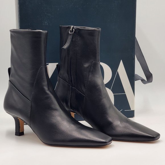 Zara Black Leather Kitten Heel Booties - NWT - Picture 8 of 16